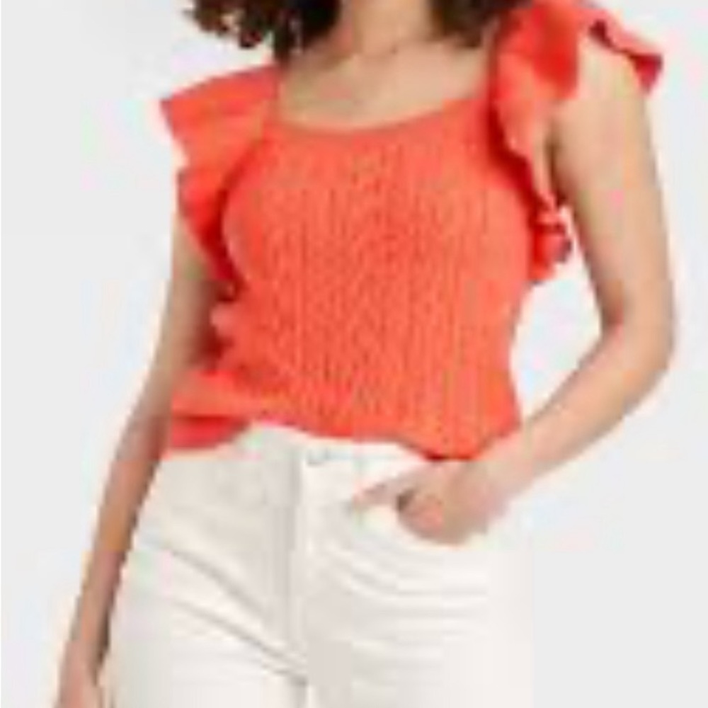 A New Day Womens Orange Knitted Solid Pullover Square Neck Ruffle Sweater Vest M